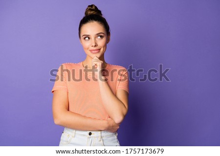 Close-up portrait of her she nice-looking attractive lovely sweet cute curious winsome cheery girl touching chin creating idea isolated bright vivid shine vibrant lilac violet purple color background