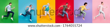 Summer shopping concept. Panoramic photo сollage of full body five diverse funny funky style afro trendy in good mood motion casual outfit crowd of people running to reach target isolated background
