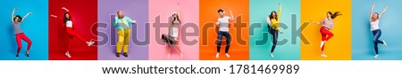 Panorama collage eight cool funny attractive active modern people six ladies two guys men good mood dance discotheque party isolated many colors blue violet teal orange yellow pink red background