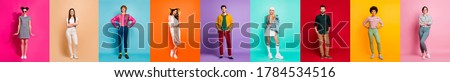 Collage picture nine best fellows multiple creative design postcard poster attractive millennial confident people six ladies three guys good mood isolated many different colors background
