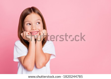 Photo of Close-up portrait of her she nice-looking attractive lovely sweet curious cheerful cheery smart clever girl creating new idea solution fantasize copy space isolated pink pastel color background