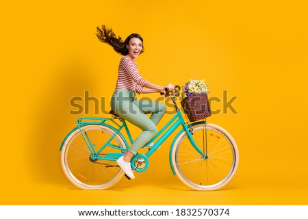 Full length body size side profile photo of cheerful girl riding blue bicycle with basket of flowers isolated on vibrant yellow color background