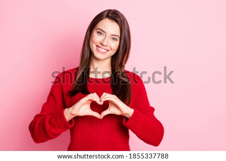 Similar – Image, Stock Photo woman with red heart shaped cardboard in her eyes smiling.