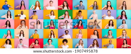 Multiple collage of positive modern multiethnic person different age raising thumb fingers express approve isolated colorful background
