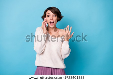 Similar – Image, Stock Photo Surprised woman talking by phone, great news, open mouth, wow. Young lady on pink background. Having smartphone call.