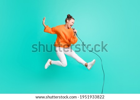 Similar – Image, Stock Photo Woman singing with microphone