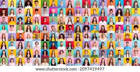 Photo of Collage of large group of smiling people composite portrait image gathered together reaching out each other 4g 5g connection contacting multiracial society