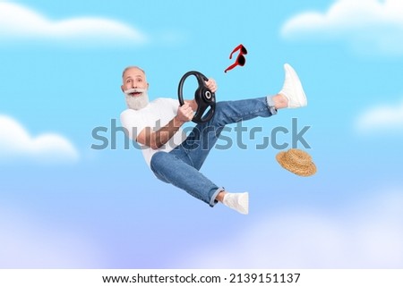 Elderly man cant drive car got accident levitating free fall with steering wheel stupid idiot facial expression graphic illustration image picture ストックフォト © 