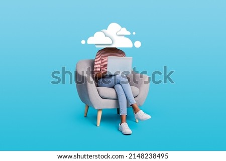 Thoughts concept Male female body of model with head full of smoke clouds using laptop no emotions mechanic mental intelligence Foto stock © 