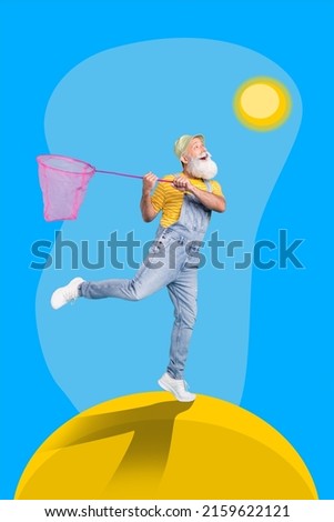 Creative artwork poster of playful retired pensioner man catch bug net sun isolated realistic nature drawing background Foto stock © 