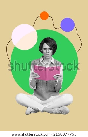 Vertical creative image of impressed person sitting read book learn new isolated on drawing background Foto d'archivio © 