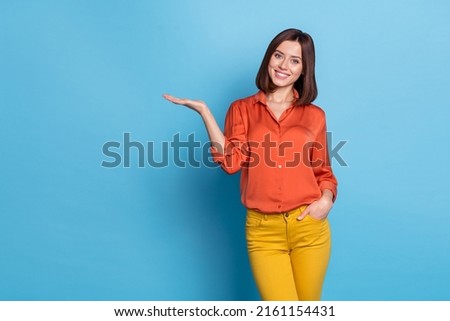 Similar – Image, Stock Photo Glad woman showing photo gesture near wall outdoors