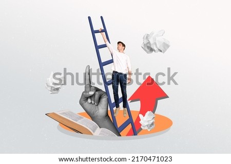 Collage portrait of hard working person climb ladder up huge hand point finger fly crumpled paper Foto stock © 