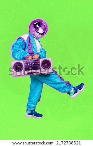 Vertical collage picture of guy hands hold boombox disco ball instead head isolated on green background