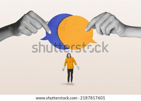 Composite collage illustration of small clueless guy shrug shoulders look two big arms hold dialogue bubble 商業照片 © 