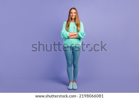 Full size photo of satisfied nice person crossed arms toothy smile isolated on violet color background Foto stock © 