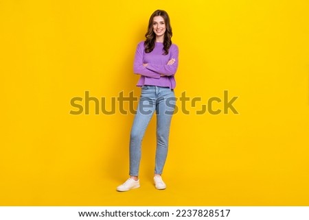 Full size photo of satisfied friendly girl crossed arms toothy smile isolated on yellow color background Foto stock © 