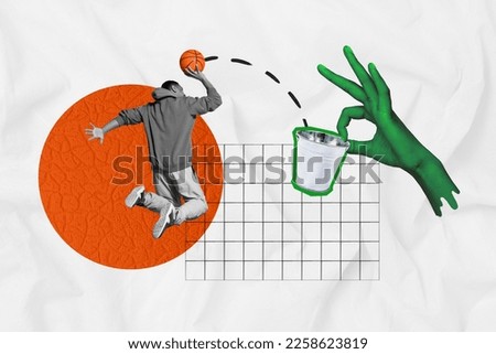Composite collage image of energetic sportive young man hoodie jumping playing basketball dunk bucket hand hold sportsman training summer Foto stock © 