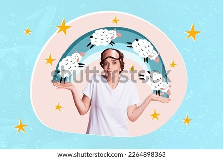 Creative collage photo of funny insomnia attractive woman sleep night mask shrug shoulders count sheep isolated on painted blue color background Foto stock © 