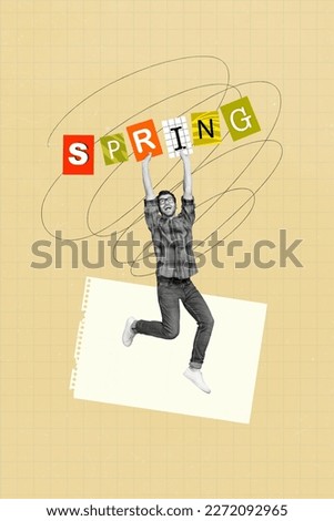 Trendy modern advertisement style collage big spring word young minimal size funky guy hanging on R and I letters notepad pattern background Stock fotó © 
