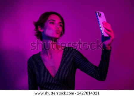 Similar – Image, Stock Photo Charming woman taking selfie on smartphone