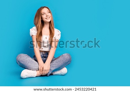 Similar – Image, Stock Photo Dreamy cute girl sitting on rock