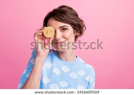 Image, Stock Photo Young Woman Holding Lemon Slices Over Eyes Smiling Widely