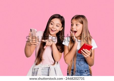 Similar – Image, Stock Photo Amazed happy little girl unwrapping birthday present party at home