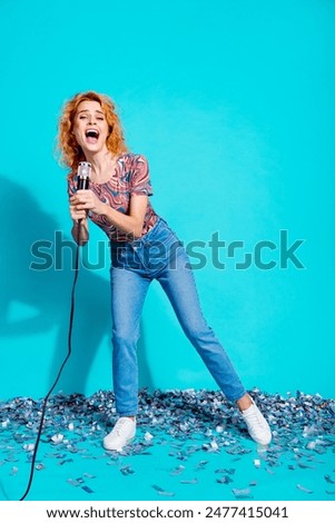 Image, Stock Photo Woman singing with microphone