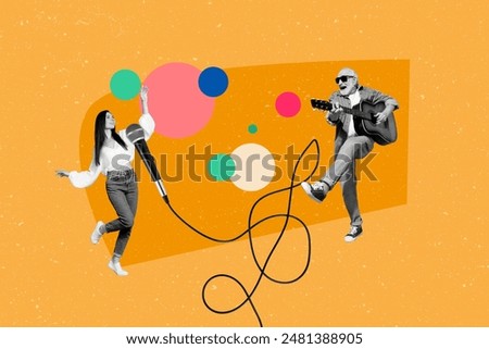 Similar – Image, Stock Photo Creative woman singing and playing guitar on stage