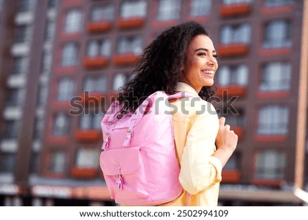 Image, Stock Photo woman with backpack traveling on a windy mountain adventure