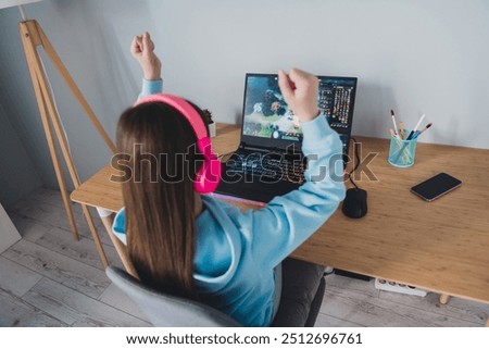 Image, Stock Photo Little gamer celebrating victory in VR game