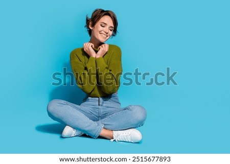 Similar – Image, Stock Photo Dreamy cute girl sitting on rock