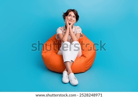 Similar – Image, Stock Photo Dreamy cute girl sitting on rock