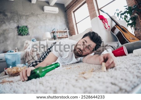 Similar – Image, Stock Photo Drunk man lying on messy cloth with smashed cake