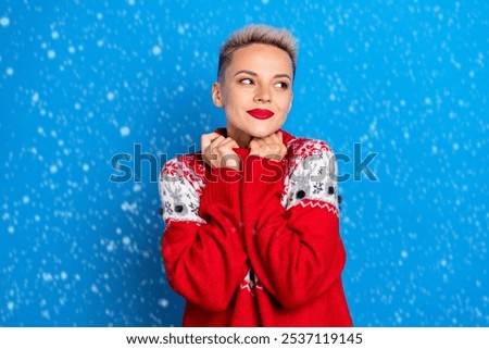 Image, Stock Photo Thoughtful woman next to old wooden construction