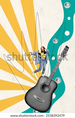Similar – Image, Stock Photo Cheerful woman with guitar browsing smartphone at home