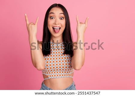 Similar – Image, Stock Photo Playful trendy young ethnic woman in deserted countryside