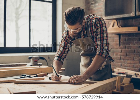 Image, Stock Photo Instrument maker working with hair for bow