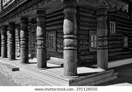 Moscow, Russia - July 8, 2012: Detail of the Palace of Tsar Alexei Mikhailovich Romanov (Quietest) in the estate of Kolomenskoye, wooden columns, reconstruction, landmark