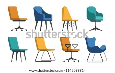Set of vector chairs of different colors and shapes. Cartoon flat illustration