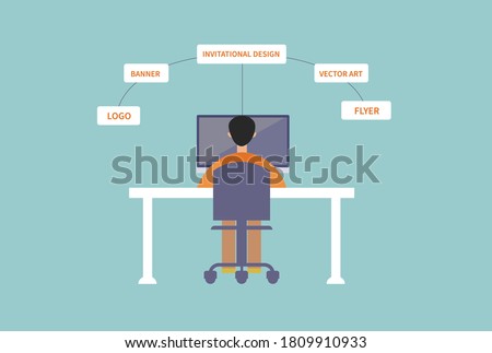 Graphic designer working on computer, providing logo, flyer, vector art, banner services | providing graphic design services