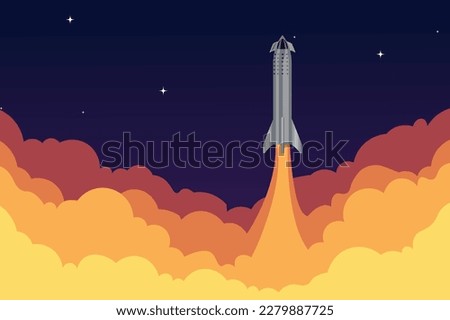 SpaceX starship launch vector illustration, starting space rocket with smoke clouds on dark night sky background.