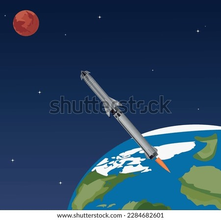 Rocket startship in space heading from earth towards mars | Rocket launch with blue earth, sky and red planet in background