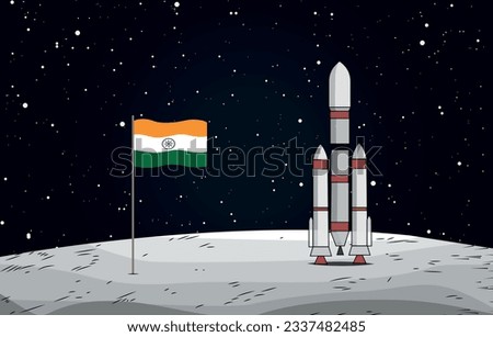 Chandrayaan landed on moon with indian flag and black sky and stars. Vector Illustration