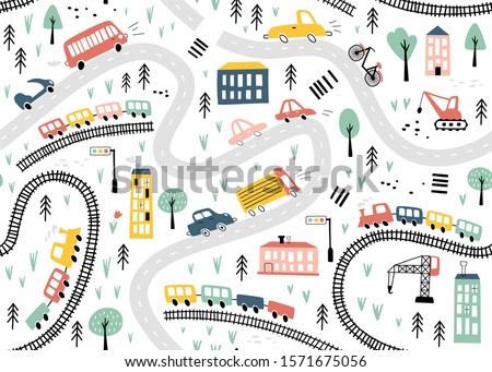 Seamless pattern with hand drawn cars, trains and road. Cartoon background for Kids. Vector illustrations