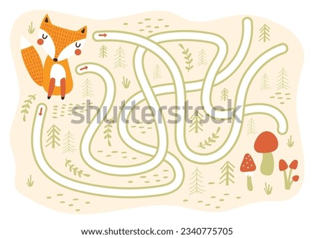 Kids labyrinth maze  game, help cartoon fox to find mushrooms. Game for kids. Vector illustrations