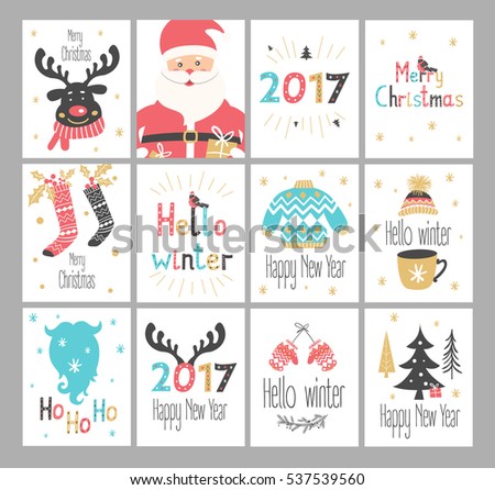 Set Of New Year And Christmas Greetings Cards. Vector Illustration