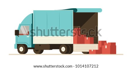 Truck delivery vector illustration. Soft van trailer. Heavy load vehicle. Commercial transport flat illustration set.