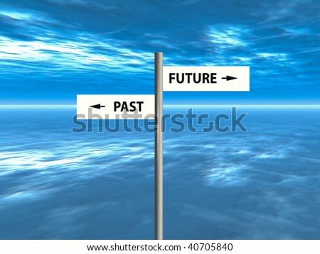 Past and future sign in front of dramatic clouds.